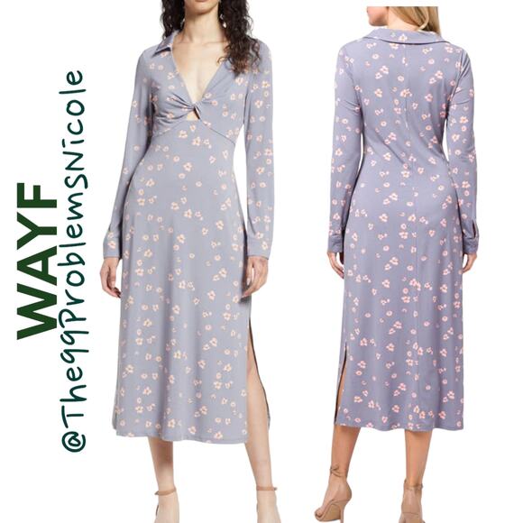 WAYF Remember Me Twist Detail Long Sleeve Cutout Midi Dress In Silver - Picture 1 of 9